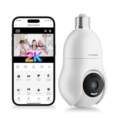 VEEZOOM 2K Telecamera Lampadina WiFi Interno, PTZ Senza Fili Videocamera di Sorveglianza con Auto Tracking, Allarme Sonoro e Luminoso, Visione Notturna a Colori, Parlare in Tempo Reale WS-D1