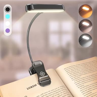 Glocusent Testa ET Orizzontale Luce per Lettura Libri a Letto, Tutela della Vista, CRI 95, 3 Colori & 5 Luminosità, Luce libro Ricaricabile Lunga Durata, 1,4Oz Leggera e Portatile