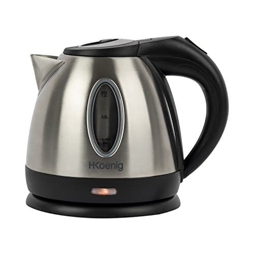 H.Koenig BO12 Bollitore elettrico,1,2L, Acciaio Inox, livello dell'acqua visibile, scala graduata, Spegnimento automatico, Base con aggancio a 360°, bollitura rapida,1630W