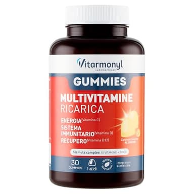 Gummies Multivitamine Ricarica - Integratore Difese Immunitarie - Multivitaminico per l'Energia e il Recupero - Caramelle Gommose al Gusto Limone - 10 Vitamine e Zinco - 30 Gummies - Vitarmonyl