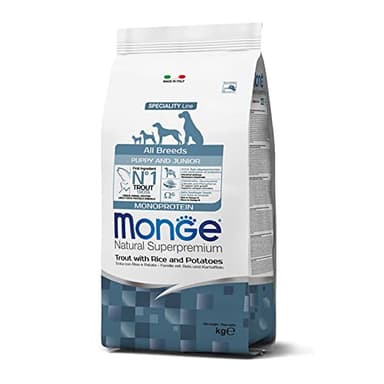 Monge Natural Superpremium Puppy and JUNIOR Trout, Rice and Potatoes, cibo per cani per tutte le razze (cibo secco per cani con trota, riso e patate, molto ricco di fibre e vitamine, 12 kg)