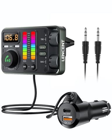 LENCENT Trasmettitore FM Bluetooth 5.3, Adattatore Bluetooth per Auto, Caricatore USB Ricarica Rapida PD 20W e QC18W, Doppio Microfono per Chiamate Vivavoce, Siri & Google, Chiavetta USB & 3.5mm AUX
