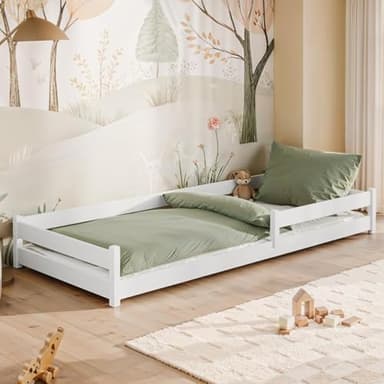 Lettino bambini letto a terra 90x190 cm con anticaduta e rete a doghe Lettino Montessori lettino bianco letto singolo materasso opzionale altre misure | 80x160 I 90x200 I 120x200 | 140x200cm
