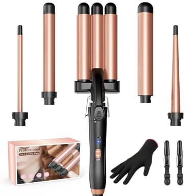 BESTOPE MIX Ferro Arricciacapelli 5 in 1- Set Ferro Arricciacapelli Rivestimento in Ceramica, Piastra Onde per Capelli 2 Température, Piastra per Onde con Ferri di Diverso Diametro, Calore Delicato