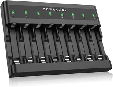 Caricabatterie POWEROWL AA AAA a 8 alloggiamenti, slot indipendente, ricarica rapida USB per batterie ricaricabili Ni-MH Ni-CD