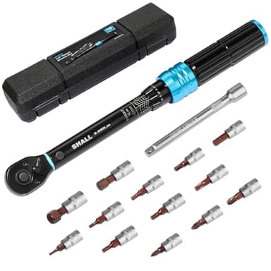Shall Set di chiavi dinamometriche da 15 pezzi da 1/4", (2-25 Nm) Doppia direzione regolabile a 72 denti per la manutenzione di bici e moto, con asta di prolunga e scatola di immagazzinaggio