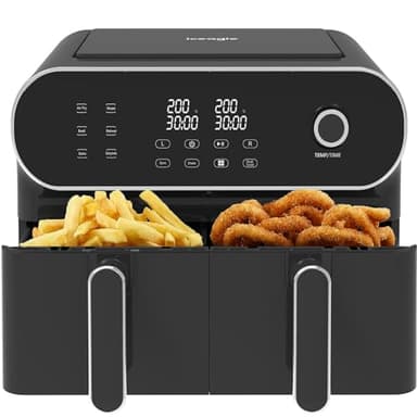 iceagle Friggitrice ad Aria Doppio Cestello – 11 Litri Friggitrice ad Aria XXL | Air Fryer, 6 in 1, LED Touch Screen, 1700 W, Ricette, Pasti Sani per una Famiglia Numerosa