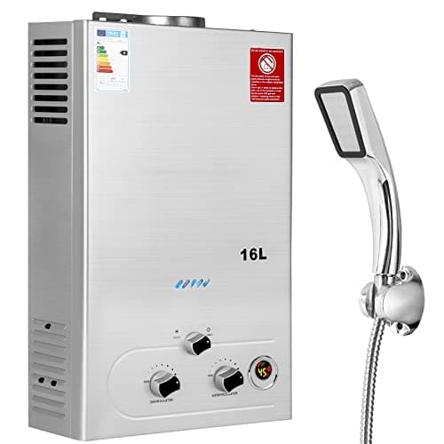 Scaldabagno a Gas 16LPM, Scaldabagno Gas GPL 32KW, Funziona a Bassa Pressione dell'Acqua con Propano e Butano, Adatto per Case Camper Cabine Esterno