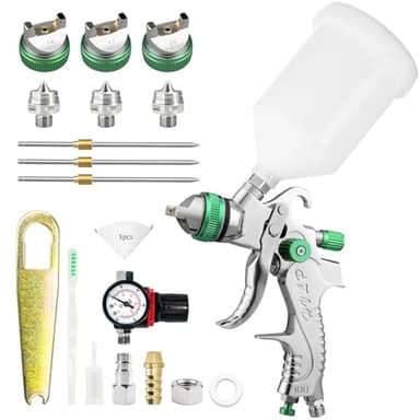 HVLP Pistola a Spruzzo per Verniciare ad alta Atomizzazione Pistola per Verniciare Spruzzo per Riparazioni di Mobili per Auto con Regolatore di Pressione Tazza 600 cc e 3 Ugelli 1,4/1,7/2,0mm (Green)