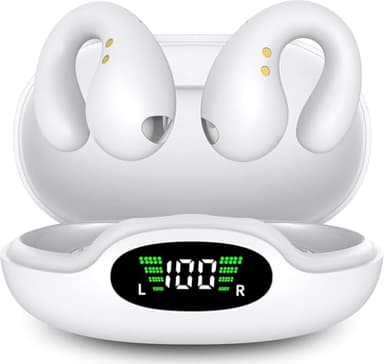 Boytond Wireless Auricolari - 2025 Bluetooth 5.3 Cuffie a Clip Orecchio Suono Stereo HiFi con Microfono ENC per Gli Amanti Degli Sport All'aperto, 50 Ore Display LED Custodia auricolare, IP7, Bianco