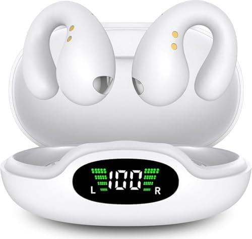 Boytond Wireless Auricolari - 2025 Bluetooth 5.3 Cuffie a Clip Orecchio Suono Stereo HiFi con Microfono ENC per Gli Amanti Degli Sport All'aperto, 50 Ore Display LED Custodia auricolare, IP7, Bianco