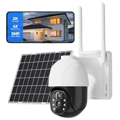 Telecamera di sicurezza solare wireless per esterni, PTZ 360°, telecamera solare WiFi con sensore PIR, sensore di movimento con citofono bidirezionale per casa, visione notturna 2K, allarme luminoso e