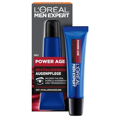 L'Oréal Men Expert Crema per gli occhi contro le rughe per gli uomini, anti-invecchiamento per la pelle stanca e opaca, idratante da uomo con acido ialuronico, Power Age, 1 x 15 ml