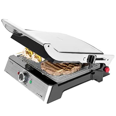 Cecotec Grill elettrico Rock'n Grill Pro. Rivestimento in pietra di pietra di roccia, Piatti rimovibili e reversibili, apertura a 180º, superficie 34 x 23 cm, acciaio inossidabile