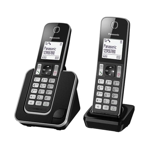 Panasonic KX-TGD312JTB Telefono Cordless Digitale, Unità Base e 2 Ricevitori, Display LCD Bianco, Vivavoce, ID Chiamante, Blocco Chiamate Indesiderate, Modalità Eco Plus, Sicurezza DECT, Nero