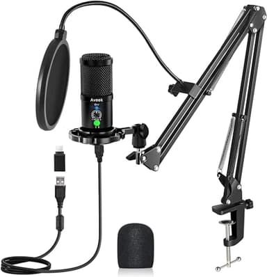 Aveek Microfono a Condensatore USB per PC e Mac, Compatibile con Smartphone, Podcast, Registrazione Musicale, ASMR, Canto Professionale, Cardioide con Asta Regolabile e Supporto per Phone e PS4