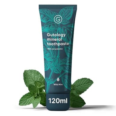 Gutology Dentifricio probiotico con idrossiapatite 120 ml senza fluoro rimineralizzante, sbiancante, per denti sensibili, adatto per adulti e bambini, al gusto di menta selvatica