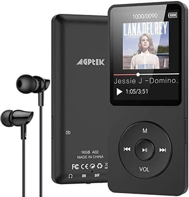 AGPTEK Lettore MP3 16GB Lettore MP3 Portatile con Schermo 1,8 Pollici, Radio FM, Piccolo Musicale MP3 Running Sportivo, Supporto Massimo Memory Card TF 64GB, Nero