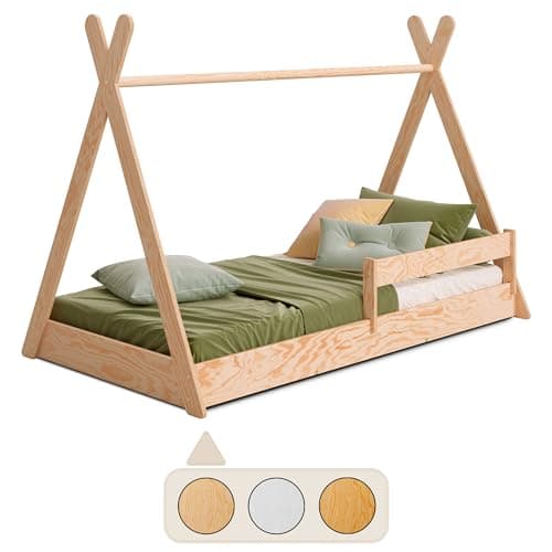 smartwood Lettino bambino a terra TIPI F 80x190 con rete a doghe e sponda - Letto Montessori bambini a Casetta per ragazzi e ragazze - Letto Singolo in compensato di pino - 190x80 - Legno naturale