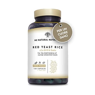 Riso Rosso Fermentato con Coenzima Q10. Massima Concentrazione di Monacolina K 2,9mg. Supporta la Salute Cardiovascolare. 120 Capsule de Lievito di Riso Rosso. Vegano N2 Natural Nutrition