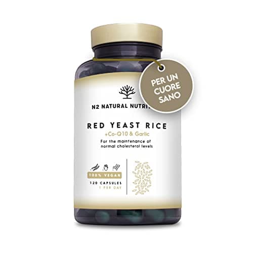 Riso Rosso Fermentato con Coenzima Q10. Massima Concentrazione di Monacolina K 2,9mg. Supporta la Salute Cardiovascolare. 120 Capsule de Lievito di Riso Rosso. Vegano N2 Natural Nutrition