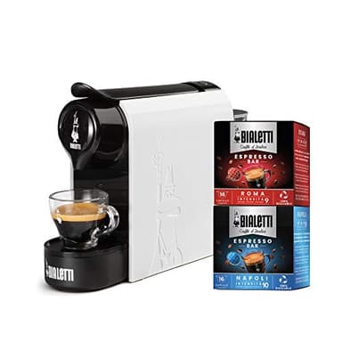 Bialetti Gioia, Macchina da Caffè Espresso per Capsule in Alluminio sistema Caffè d'Italia, Supercompatta, Bianco + 32 CAPSULE
