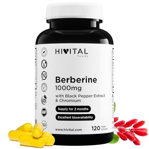 Berberina 1000 mg. 120 capsule vegane per 2 mesi di trattamento. Estratto naturale di Berberis Vulgaris con Cromo e Pepe Nero per migliorarne l'assorbimento. Prodotto in Europa da HIVITAL