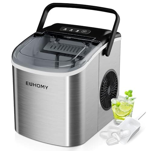 Macchina Ghiaccio 12kg/24h, EUHOMY Macchina Ghiaccio Casa, 9 Cubetti in 6 Minuti, Autopulente Macchina del Ghiaccio, con Maniglia, Paletta, Cestello, Acciaio Inossidabile, 45dB, Argento