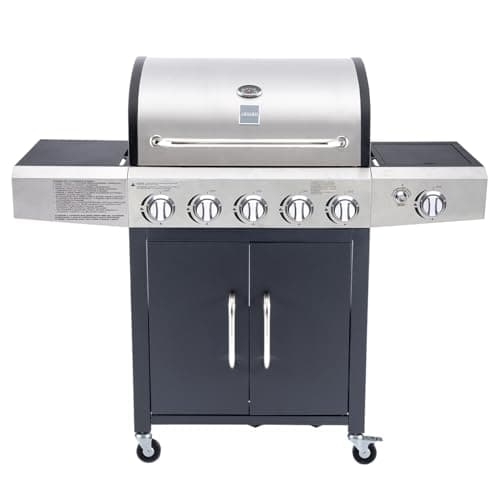 Arsard Barbecue a Gas Professionale XXL Con 6 Fuochi Multifunzione Da 19 KW, Completo Di Bruciatore Laterale, Coperchio, Termometro, Griglia In Ghisa, Ruote, Portabombola E Struttura In Acciaio Inox