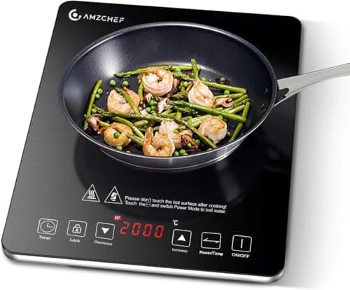 Piastra ad induzione,AMZCHEF piano Cottura a induzione elettrica con superficie in vetro cristallo nero, design portatile ultrasottile, controllo touch sensor e blocco di sicurezza,2000W