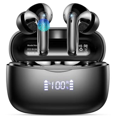 Cuffie Bluetooth, Auricolari Bluetooth 5.3 per iOS & Android, 56 Ore di Riproduzione, Stereo Hi-Fi Cuffie Antirumore con 4 HD Mics, LED Display Touch Control IP7 Impermeabili Cuffie Wireless, Nero