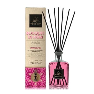 Lady Venezia - Profumatore per Ambienti - Diffusore Profumo Ambiente - Profumatore per Ambienti Bastoncini - Formato Convenienza 1LT (Bouquet di Fiori)