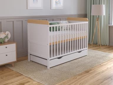 Love For Sleep Culla Neonato Con Materasso & Cassetto 120x60 cm Bianco-Pino, Lettino Neonato Legno Completo - Lettino Bambino 0-3 Anni, Culla Lettino Neonato