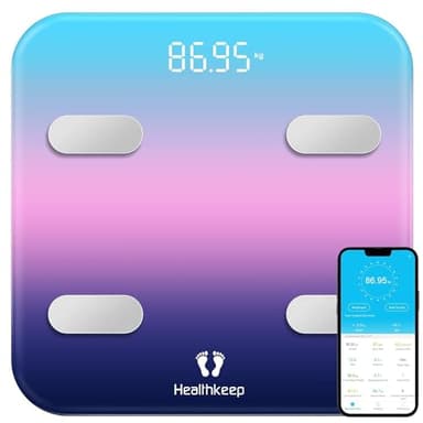 Healthkeep Bilancia Pesa Persona Impedenzimetro, Bilancia connessa WiFi e Bluetooth Pesa Persone Grande Schermo con 13 Analisi della Composizione corporea App Inclusa Capacità 180kg/400lb, 31x31cm