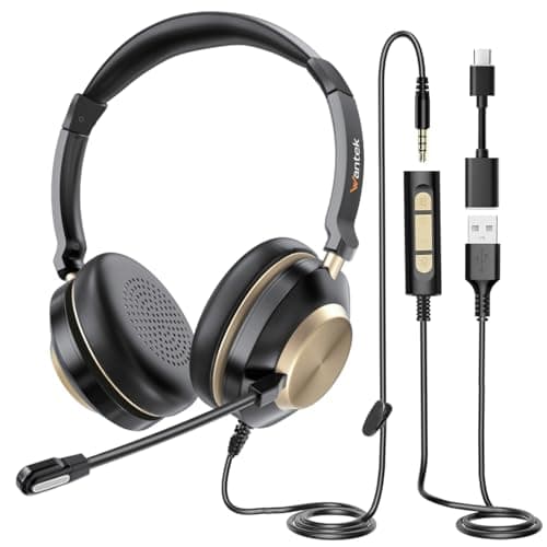 Wantek Cuffie USB con microfono per PC portatile, con cancellazione del rumore, regolabili, per ufficio e lavoro