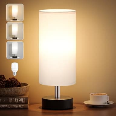 kakanuo Lampada da Comodino, 3 Modalità di Colore, Piccola Lampada da Tavolo con Paralume in Lino Bianco Base Nero, Abat Jour da Comodino con Filo per Camera da Letto Dormitorio Soggiorno Ufficio