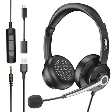 Wantek Cuffie con microfono,USB/Tipo c/3,5 mm jack 3 in 1 Cuffie con Filo PC,con riduzione del rumore e regolazione del volume per Call Center, Skype, Zoom, Home Office, corsi online