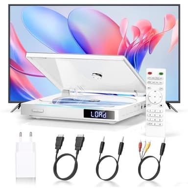 Lettore DVD Per Televisore, Lettore DVD Compatto HDMI con Tutte Le Regioni Libere, Lettore Cd Per TV con Porta USB, Riproduzione Di Memoria, Telecomando, Cavi HDMI, RCA e AUX Inclusi