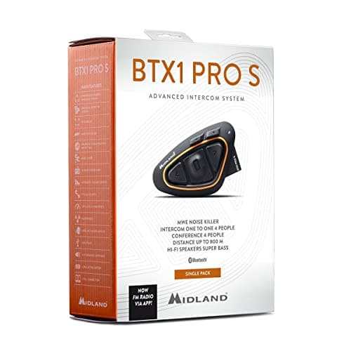 Midland - Interfono Moto Bluetooth BTX1 Pro S Singolo, Auricolari Casco Moto Impermeabili IPX6, Copertura 800m Fino a 4 Persone in Conference - Batteria 23H, Cancellazione Rumore, Radio FM via App