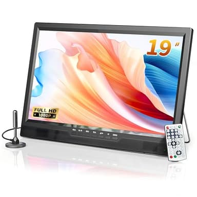 Desobry TV portatile da 19 pollici, piccola TV 1080P con antenna, mini TV batteria integrata e supporto, sintonizzatore digitale DVB-T2, HDMI AV USB, TV 12 volt per camper, cucina, camera da letto