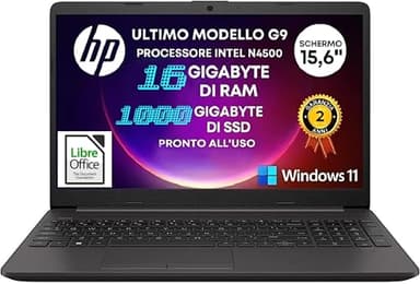 HP Notebook 250 G9, Display Laptop HD 15,6", CPU Intel Celeron N4500 2,8GHz Max, Ram 16GB DDR4, SSD NVMe 1000GB (1TB), Windows 11 Pro, Portatile Pronto all'Uso