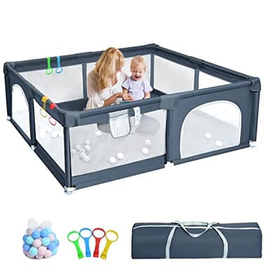HABOWN Box per Bambini 150 x 180cm - Box Recinto per Bambini Pieghevole con rete traspirante, Box Neonato Centro di Attività per Bambini con 50 Ocean Ball e 4 Anelli, Grigio