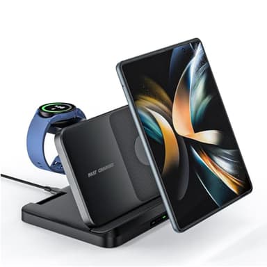 Stazione di ricarica wireless Samsung 3-in-1, caricatore wireless pieghevole, stazione di ricarica multifunzione compatibile con Samsung S24/S23/S22/Z Flip 5/4/Z Fold 5/4/Watch 6/5/4 e Galaxy Buds.