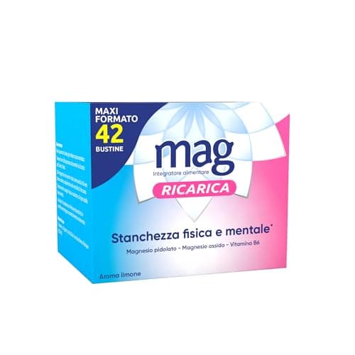 Mag Ricarica - Integratori per Adulti con Magnesio Pidolato, Magnesio Ossido, Vitamina B6 per Stanchezza Fisica e Mentale - Senza Glutine, Senza Lattosio (MaxiFormato 42 Bustine Aroma Limone)