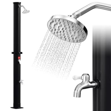 Randaco Doccia solare da giardino, 20 l, acqua calda fino a 60 °C, senza collegamento di alimentazione, per piscina, campeggio, con doccia a piedi e soffione a pioggia girevole, colore nero