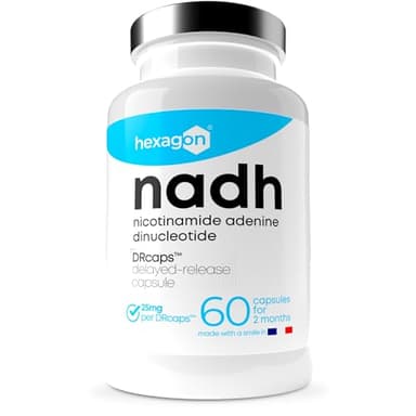 NADH 25mg - +2 Mesi di Cura - 60 Capsule DRcaps™ a Rilascio Ritardato - Energia Cellulare e Metabolismo - Made in France - 60 capsule vegetali - Vegan - Hexagon