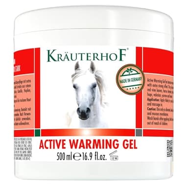 Kräuterhof Balsamo per cavalli riscaldante, extra forte DUO (2 x 500 ml) – pomata termica circolante, gel massaggiante con ippocastano e foglie rosse, allevia dolori articolari e tensioni