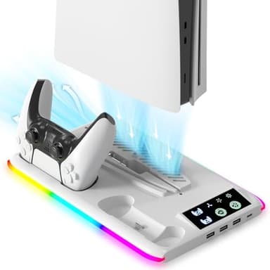 Aceshop PS5/PS5 Slim Verticale Supporto di Raffreddamento, Stazione di raffreddamento per PS5/PS5 Slim con 3 Velocità, Ganci per Cuffie Stazione di Ricarica Doppio Controller, per Disc/Digital Edition