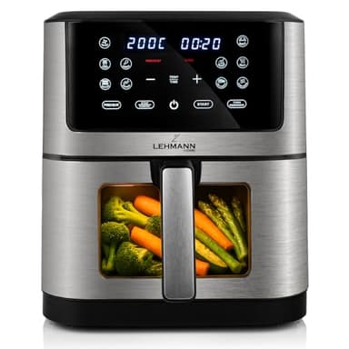 LEHMANN Friggitrice ad aria calda 8 l, 1800 W, con finestra di visualizzazione, controllo della temperatura fino a 200 °C, 12 programmi, timer, antiaderente, grigliare, cuocere e friggere con