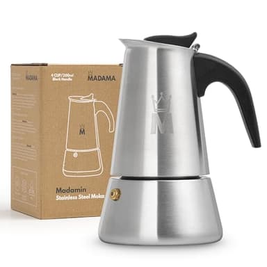 MADAMA - Moka in Acciaio Inox, Caffettiera a Induzione, Moka a Induzione, Caffettiera in Acciaio Adatta a Tutti i Tipi di Piani Cottura - 4 Tazze, 200 ml, Manico Nero